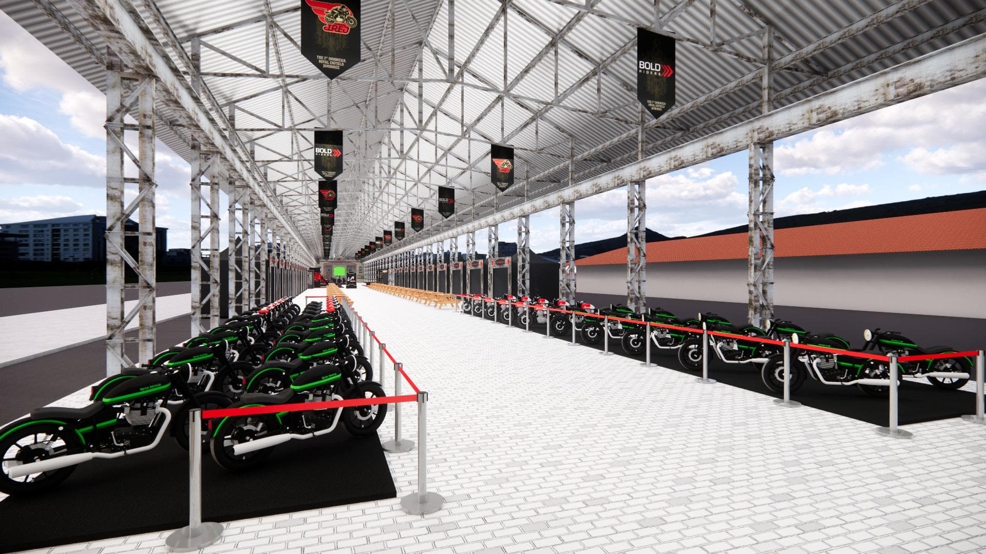 Row of Royal Enfields on display